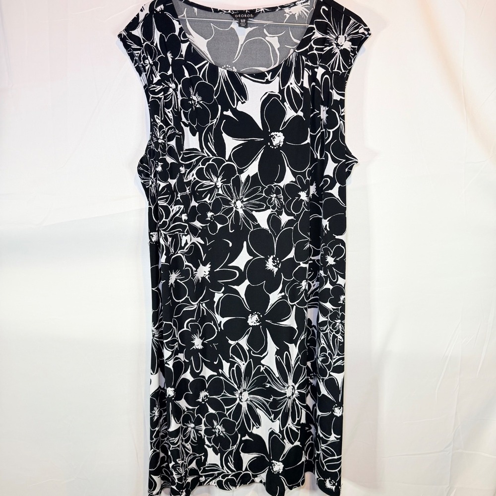 GEORGE Women's Dress Black White XL (16-18) Floral Print Cap Sleeve‎